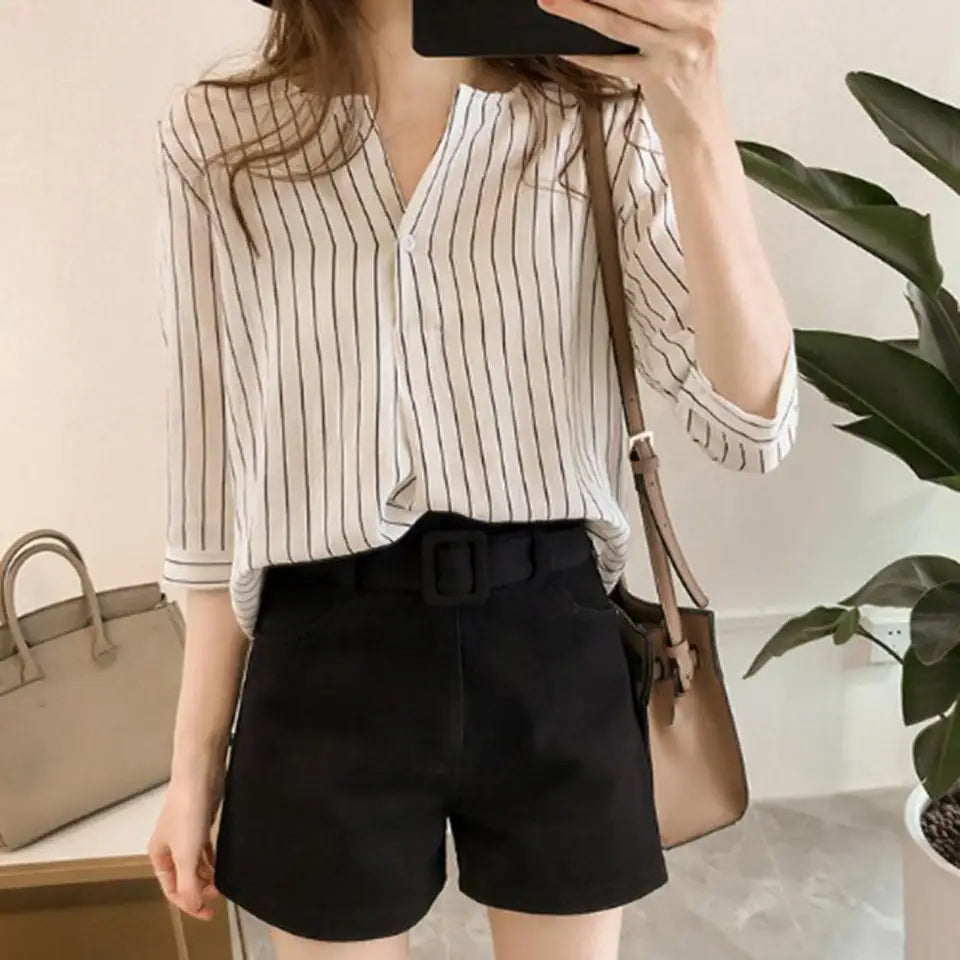 Casual Stripe 3/4 Sleeve Blouse